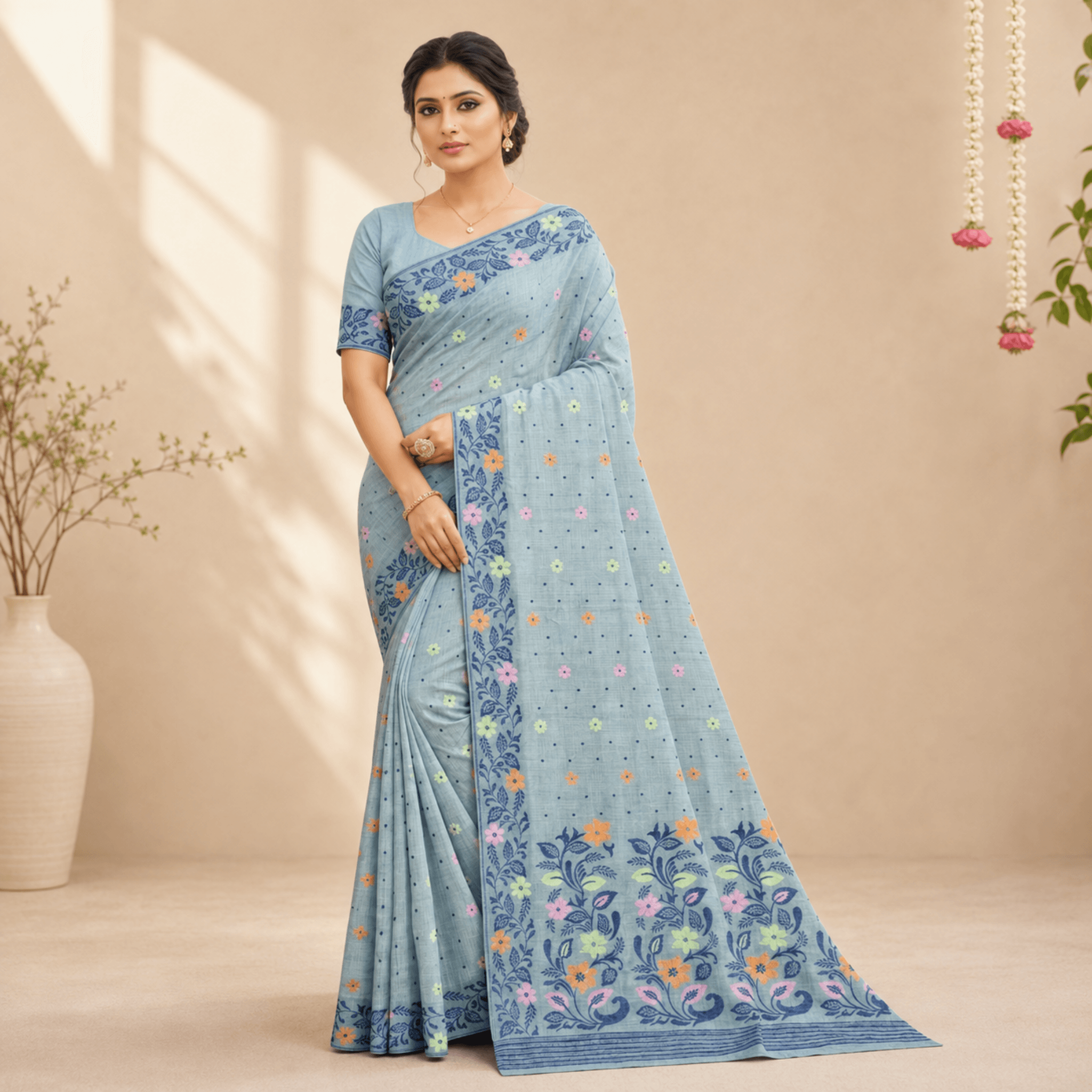 Cotton Jamdani Woven Saree — Ice Blue — Tyohar — flat lay