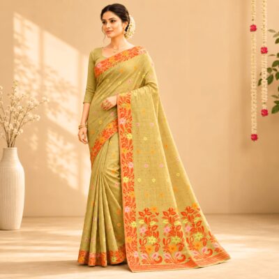 Cotton Jamdani Woven Saree — Lemon Yellow — Tyohar — flat lay