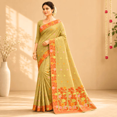 Cotton Jamdani Woven Saree — Lemon Yellow — Tyohar — flat lay