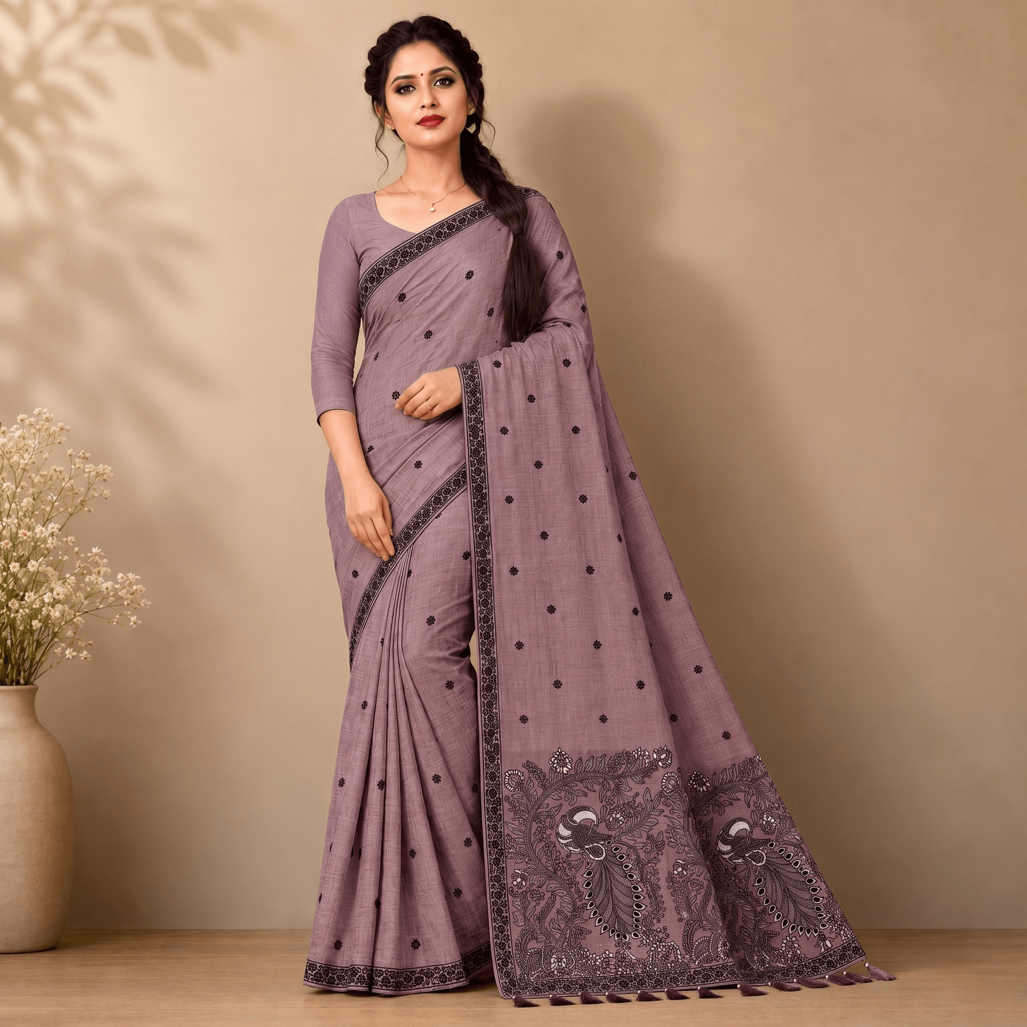 Cotton Kalamkari Woven Saree — Purple — Daftar — flat lay