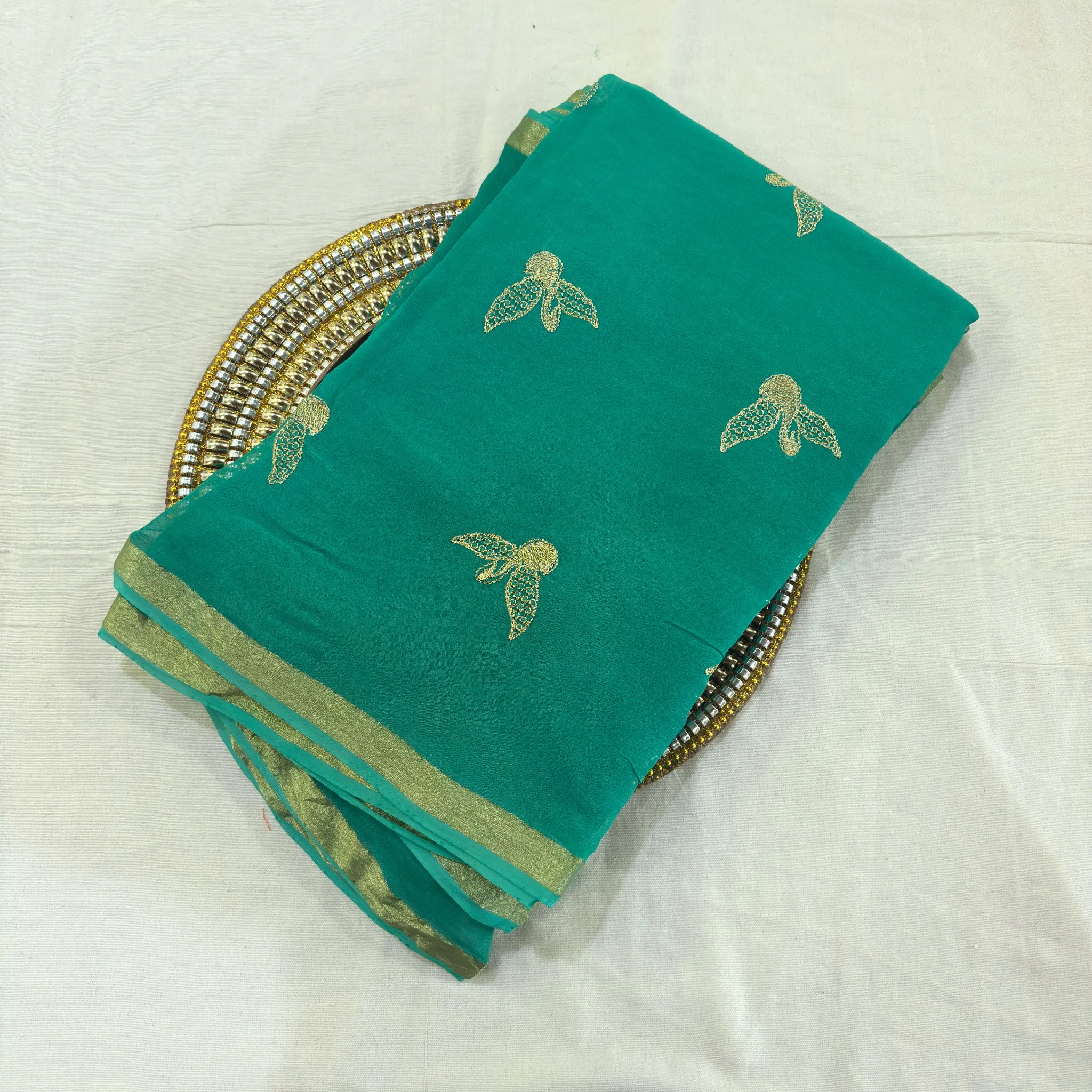 Viscose Georgette Hans Embroidered Saree — Rama Green - Image 8