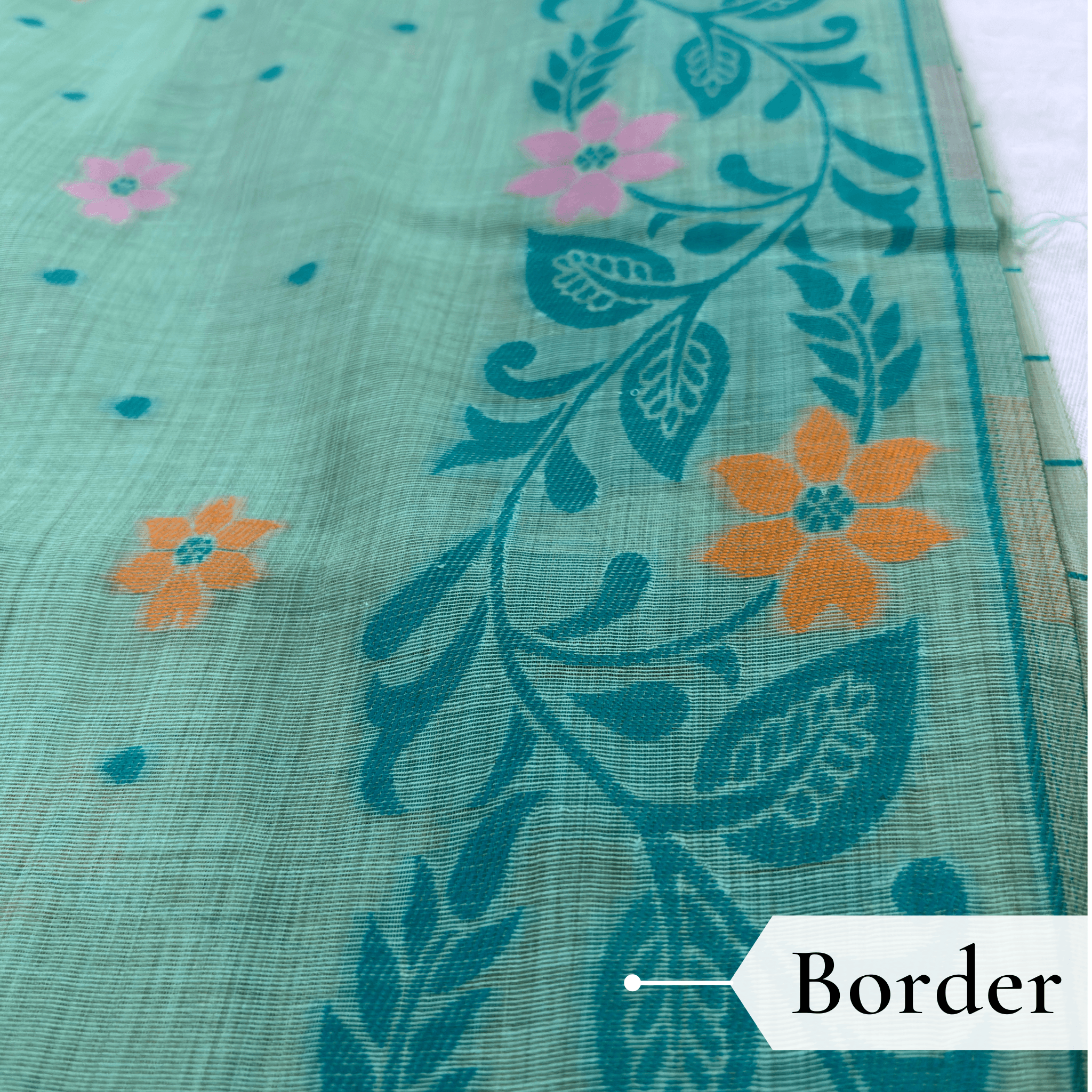 Cotton Jamdani Woven Saree — Mint Green — Tyohar — fabric close-up