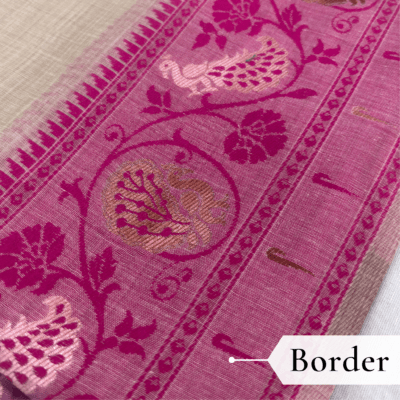 Cotton Plain Saree with Woven Border — Pink — Aarambh — fabric close-up