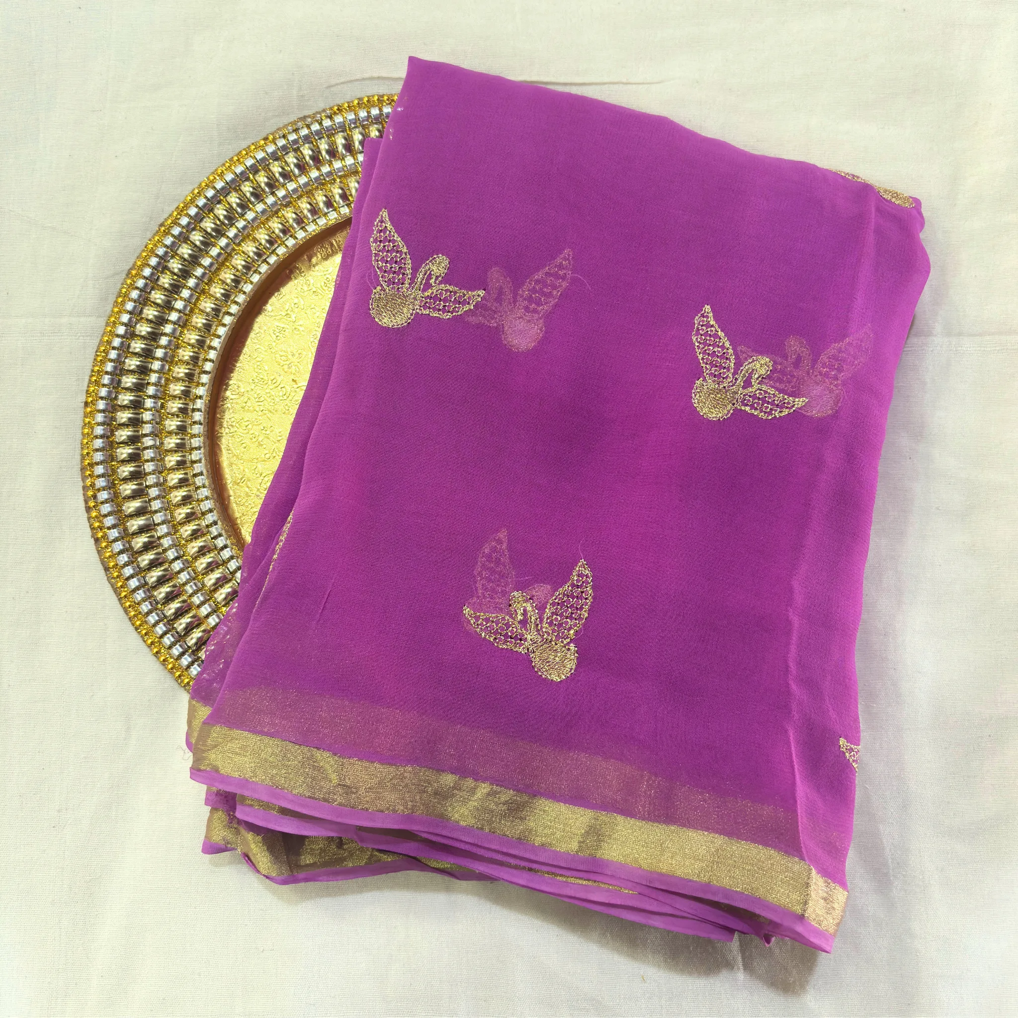Viscose Georgette Hans Embroidered Saree — Purple - Image 8