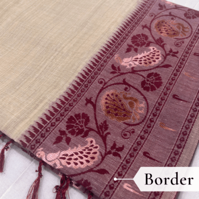Cotton Plain Saree with Woven Border — Maroon — Aarambh — fabric close-up