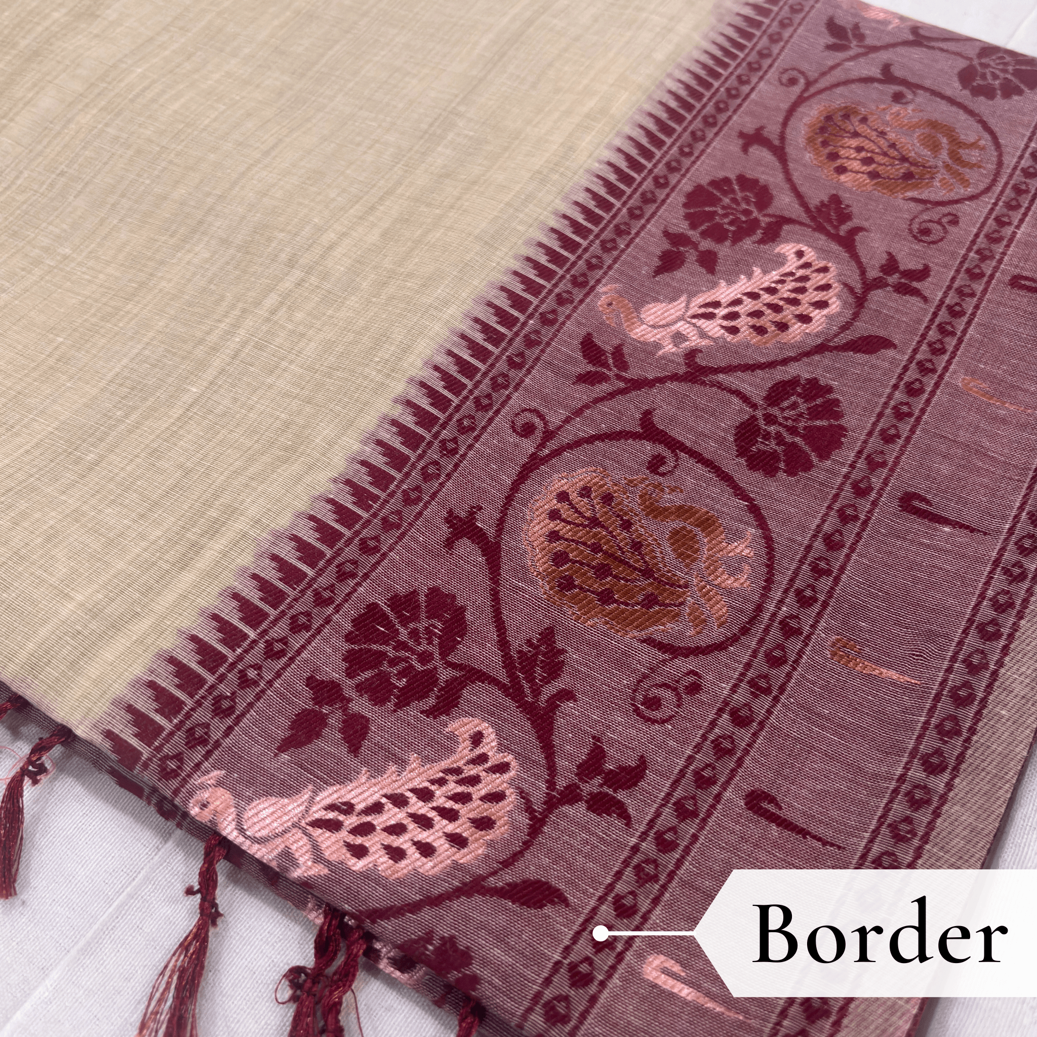 Cotton Plain Saree with Woven Border — Maroon — Aarambh — fabric close-up