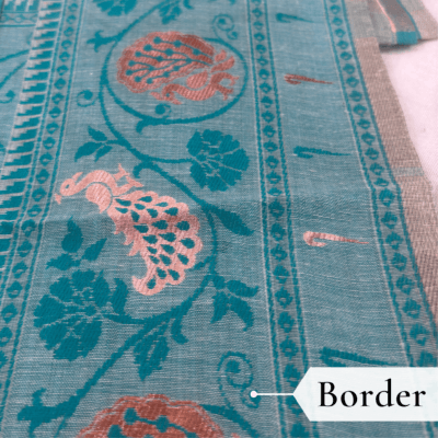 Cotton Plain Saree with Woven Border — Sky Blue — Aarambh — fabric close-up