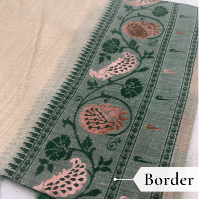 Cotton Plain Saree with Woven Border — Dark Green — Aarambh — fabric close-up