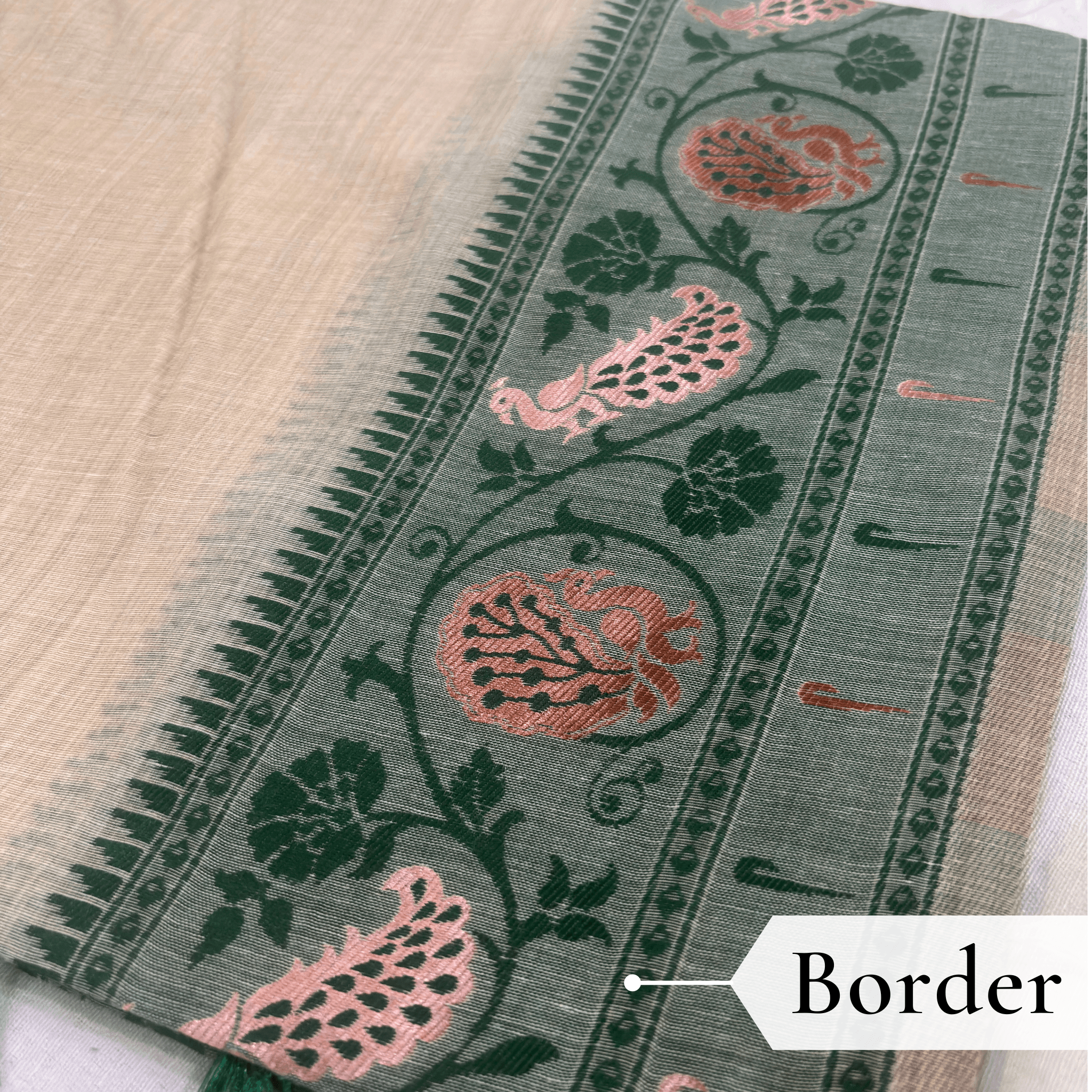 Cotton Plain Saree with Woven Border — Dark Green — Aarambh — fabric close-up