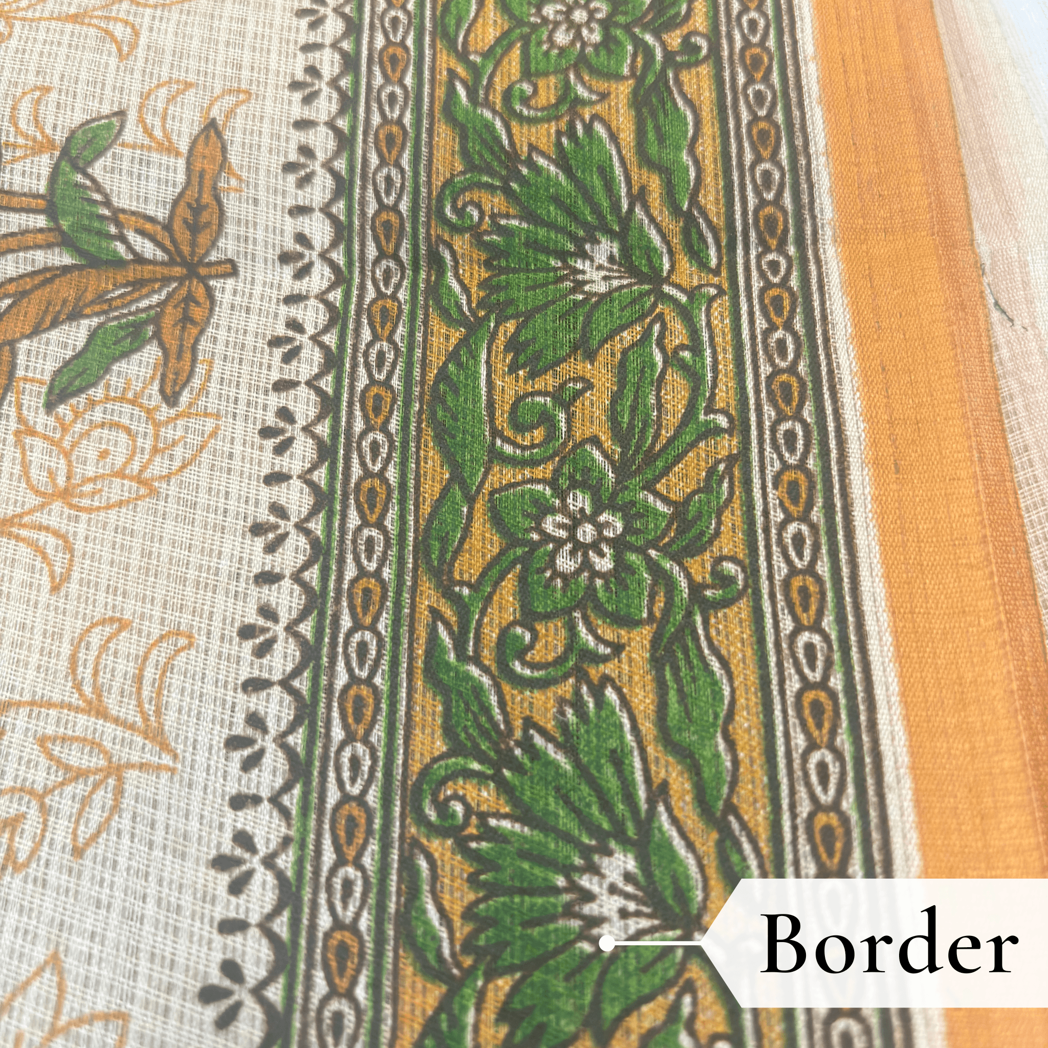 Kota Doria Floral Print Saree — Mustard Yellow — Rozana — fabric close-up