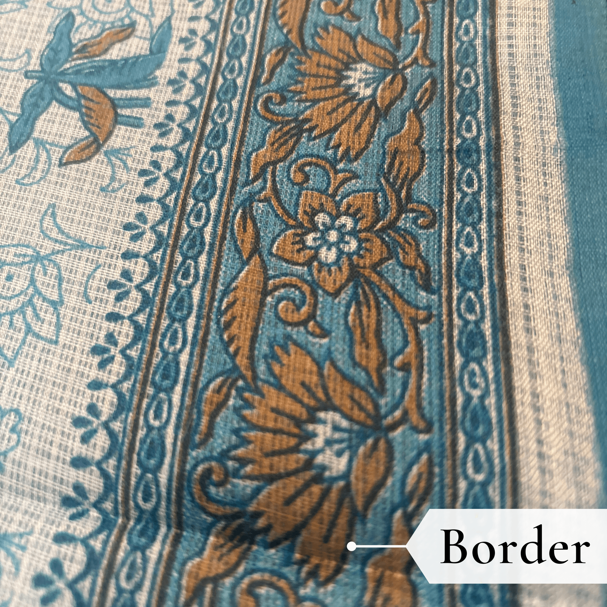 Kota Doria Floral Print Saree — Sky Blue — Rozana — fabric close-up