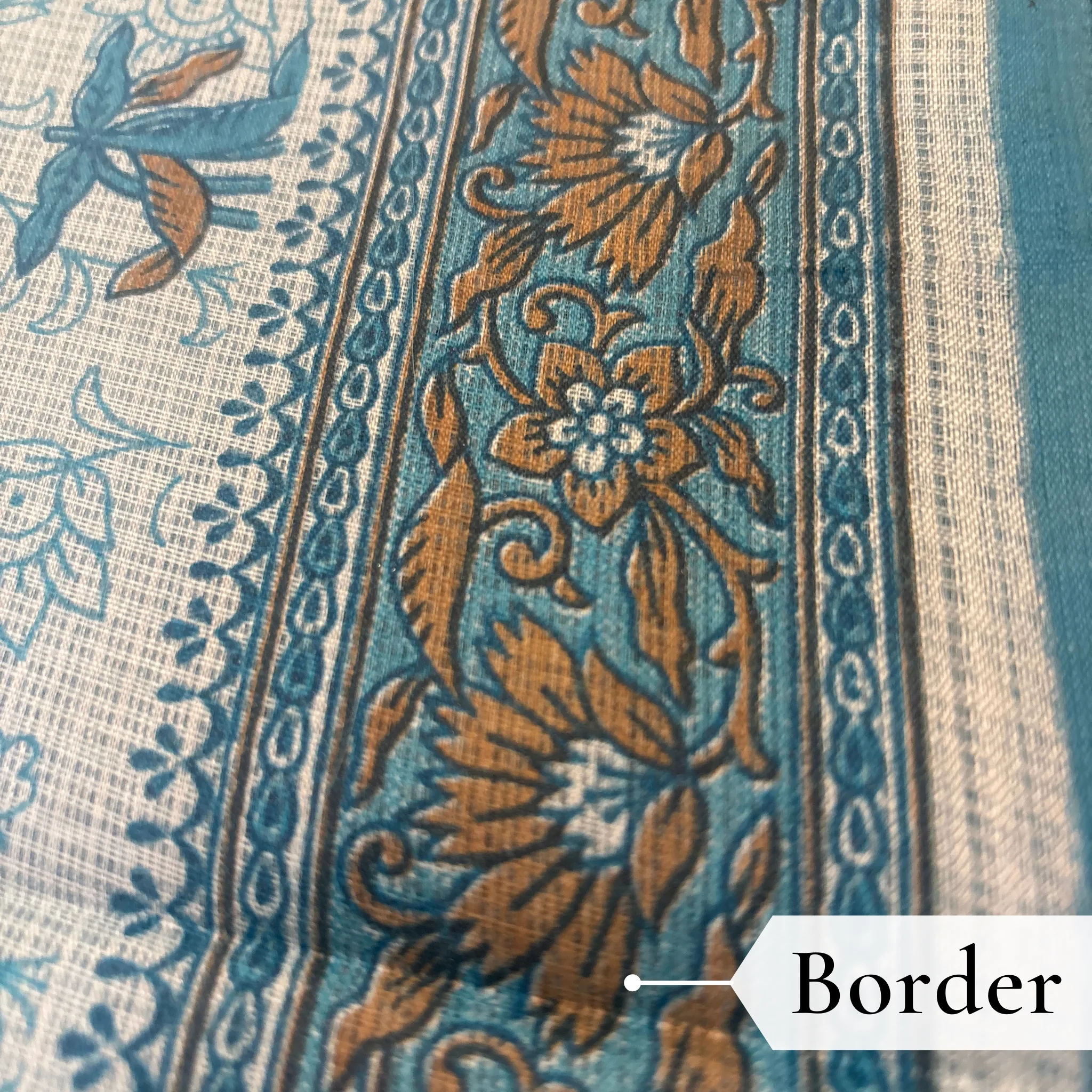 Kota Doria Floral Print Saree — Sky Blue — Rozana — fabric close-up