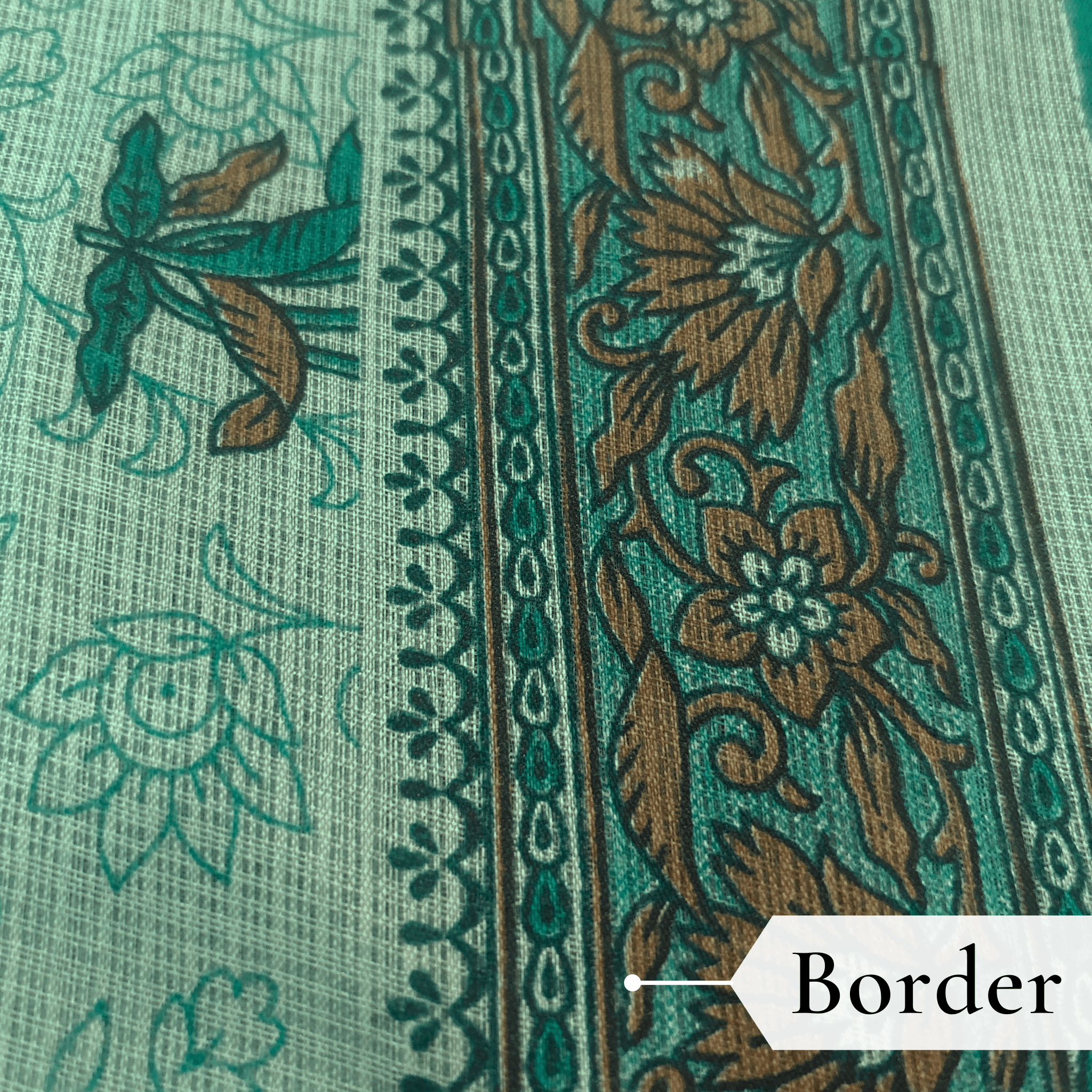 Kota Doria Floral Print Saree — Rama Green — Rozana — fabric close-up