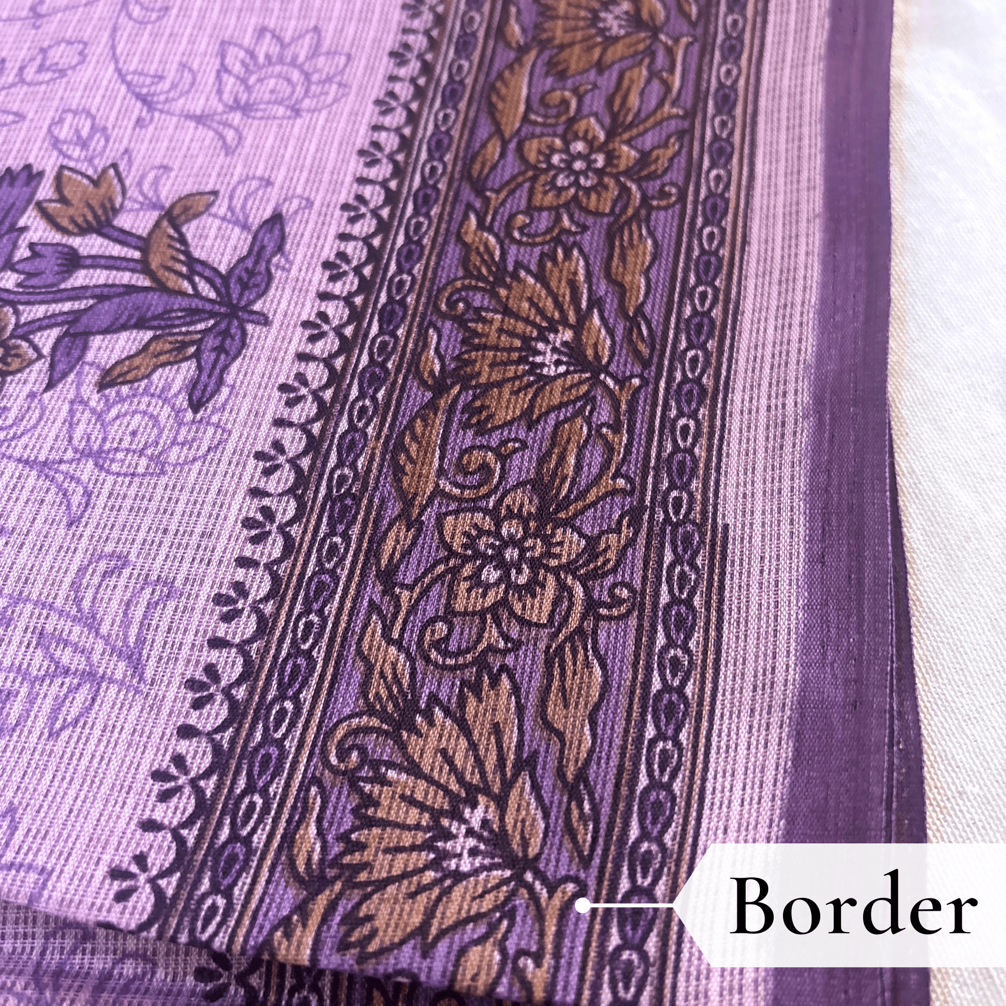 Kota Doria Floral Print Saree — Purple — Rozana — fabric close-up