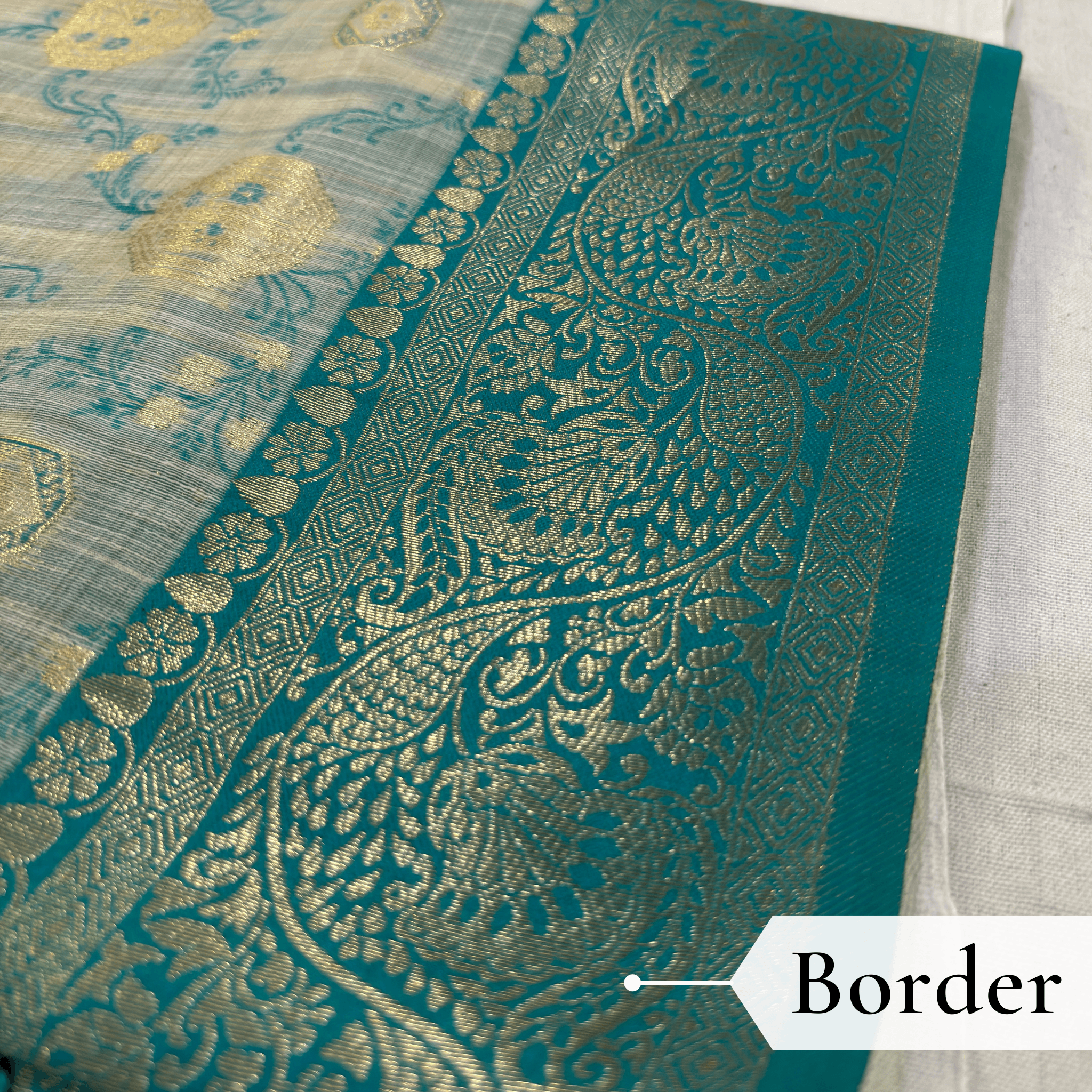 Cotton Geometric Bel Woven Saree — Peacock Blue - Image 4