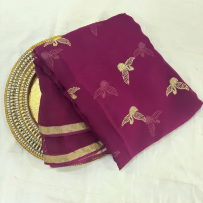 Viscose Georgette Hans Embroidered Saree — Violet - Image 8