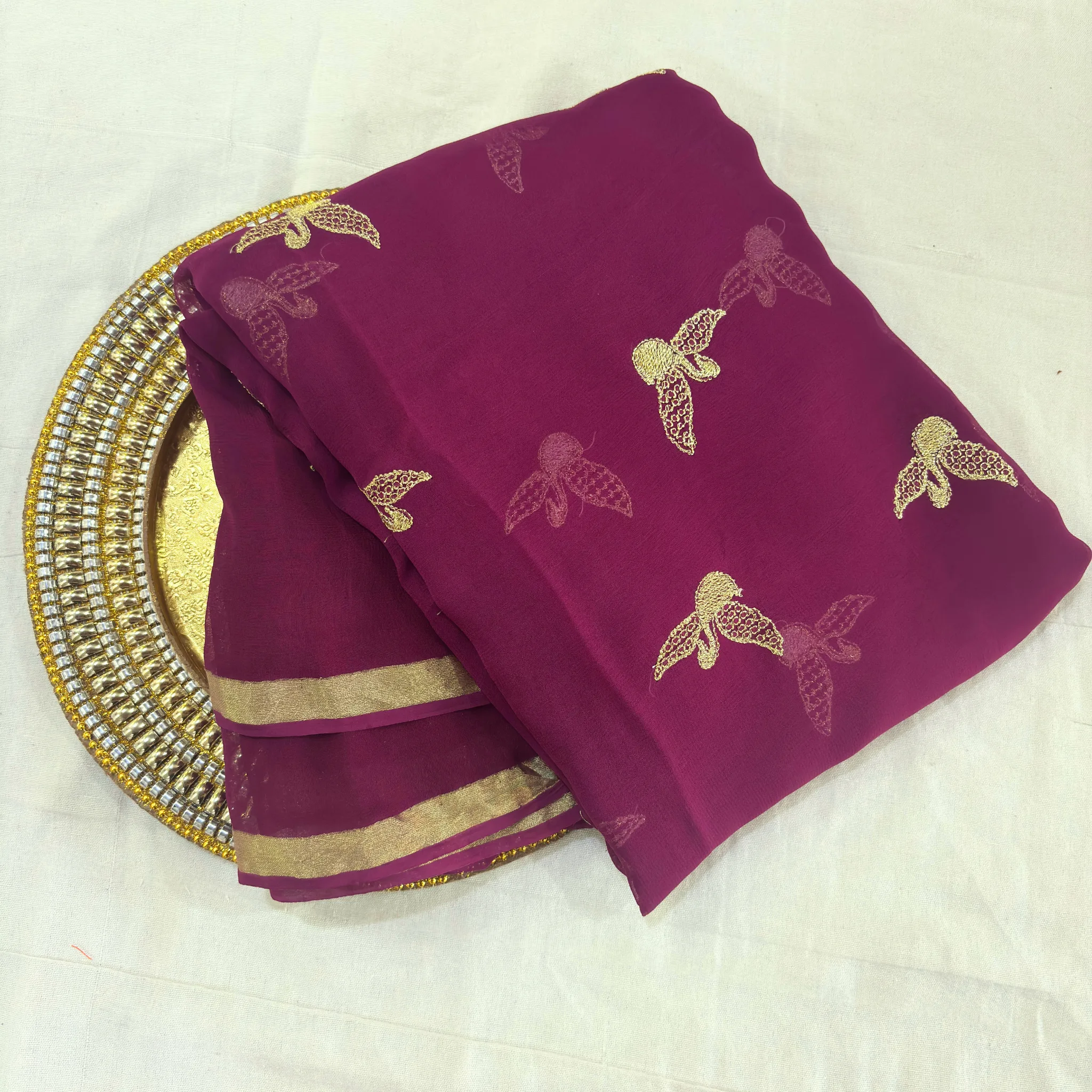 Viscose Georgette Hans Embroidered Saree — Violet - Image 8