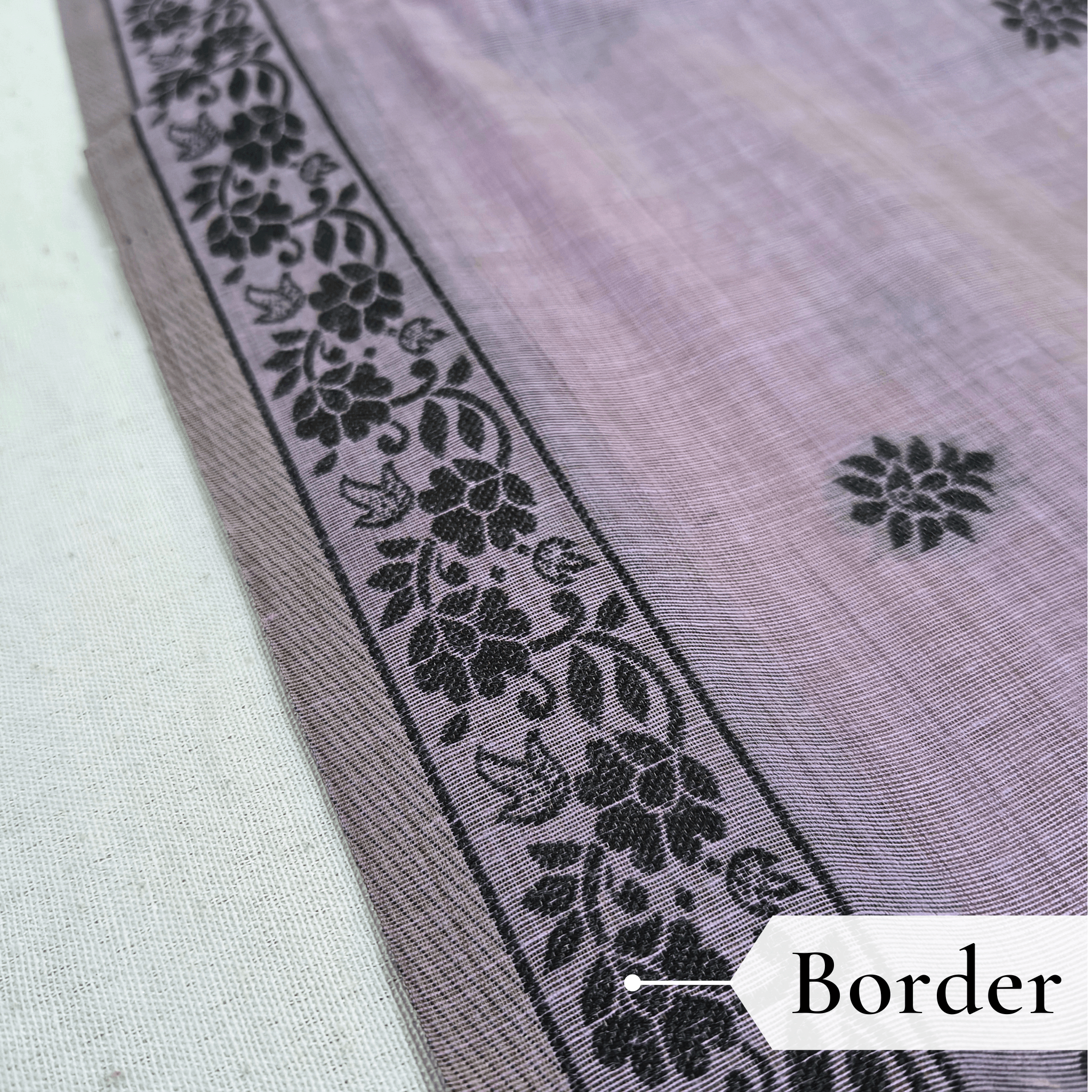Cotton Kalamkari Woven Saree — Purple — Daftar — fabric close-up