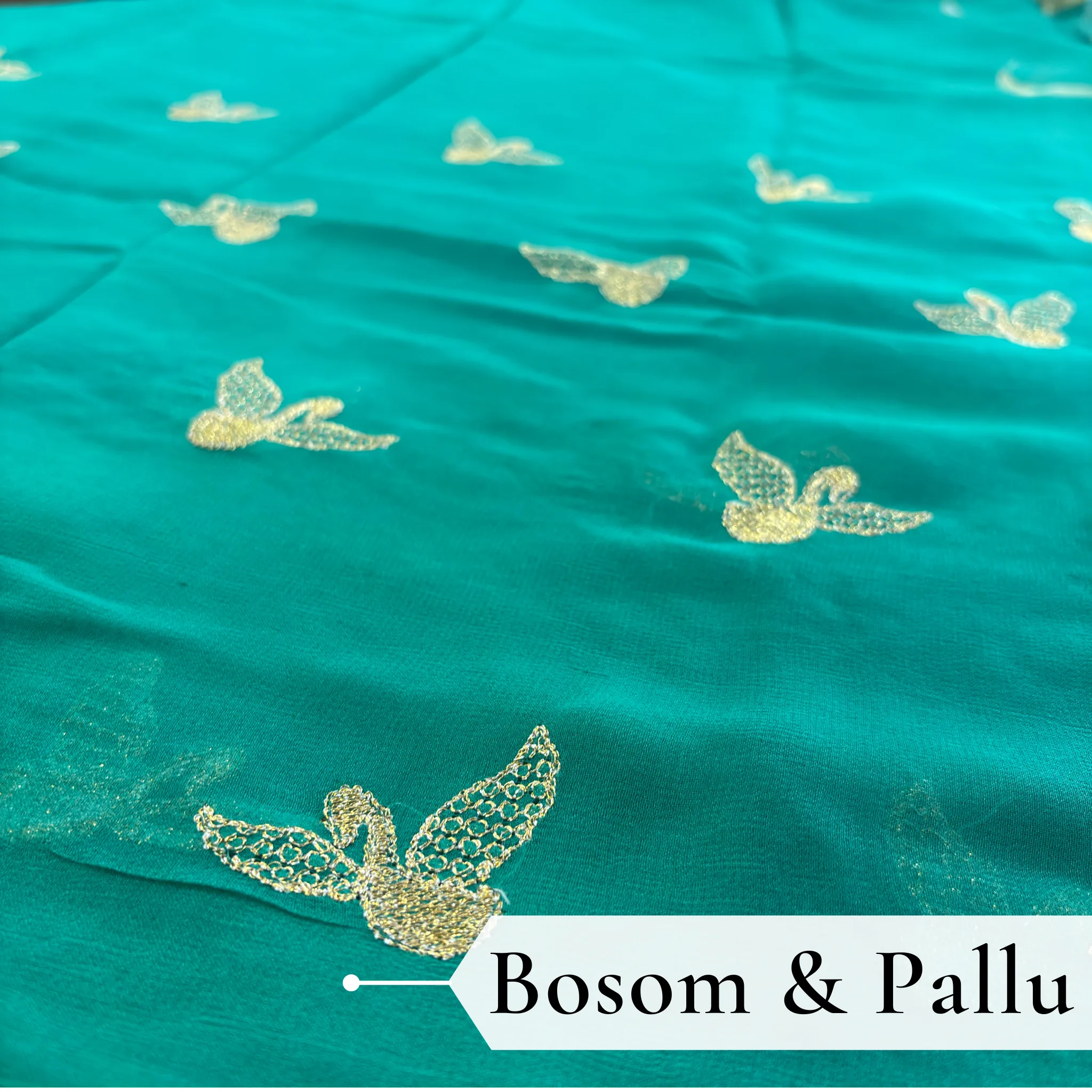 Viscose Georgette Hans Embroidered Saree — Rama Green - Image 4