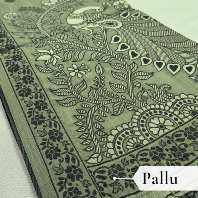 Cotton Kalamkari Woven Saree — Green — Daftar — border detail