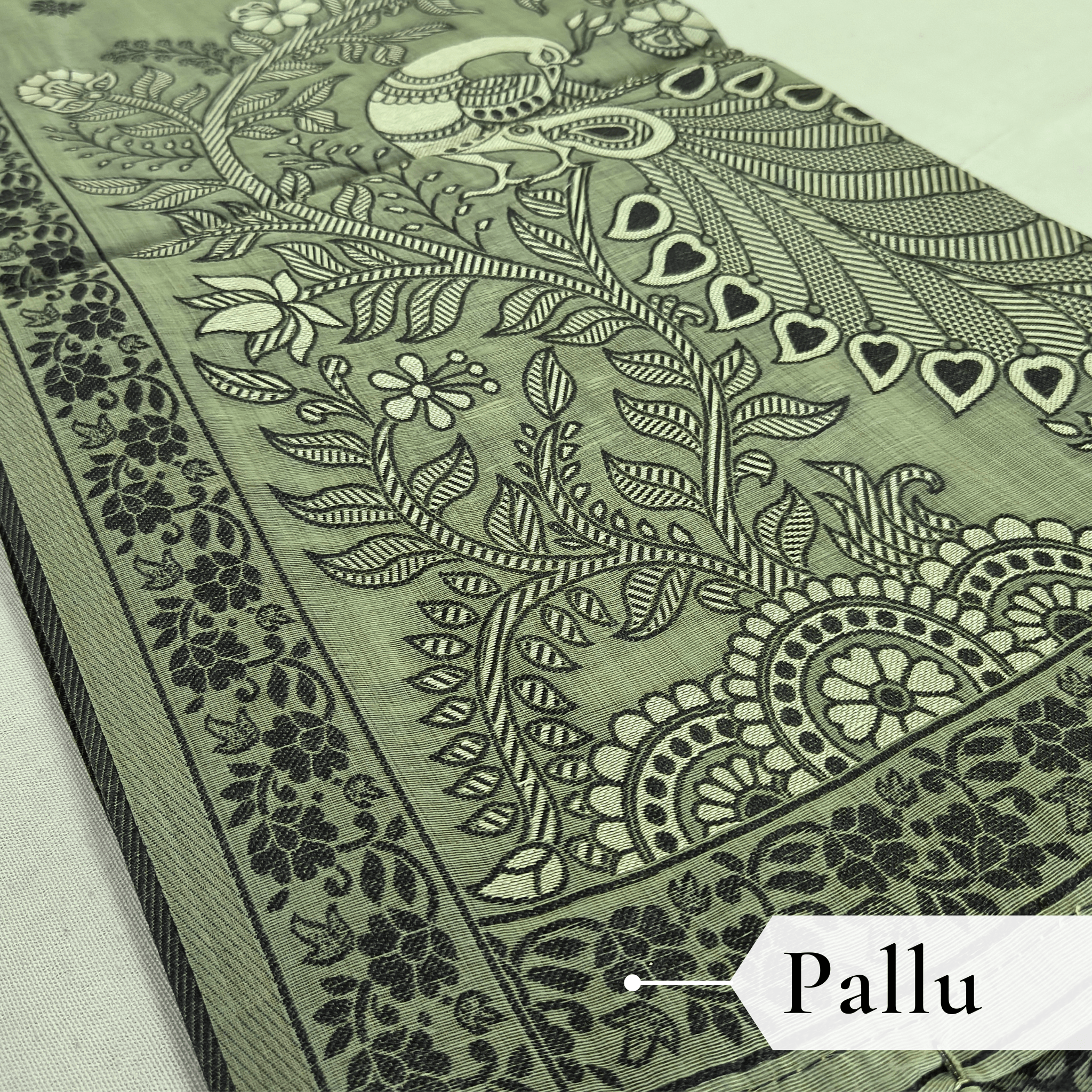Cotton Kalamkari Woven Saree — Green — Daftar — border detail