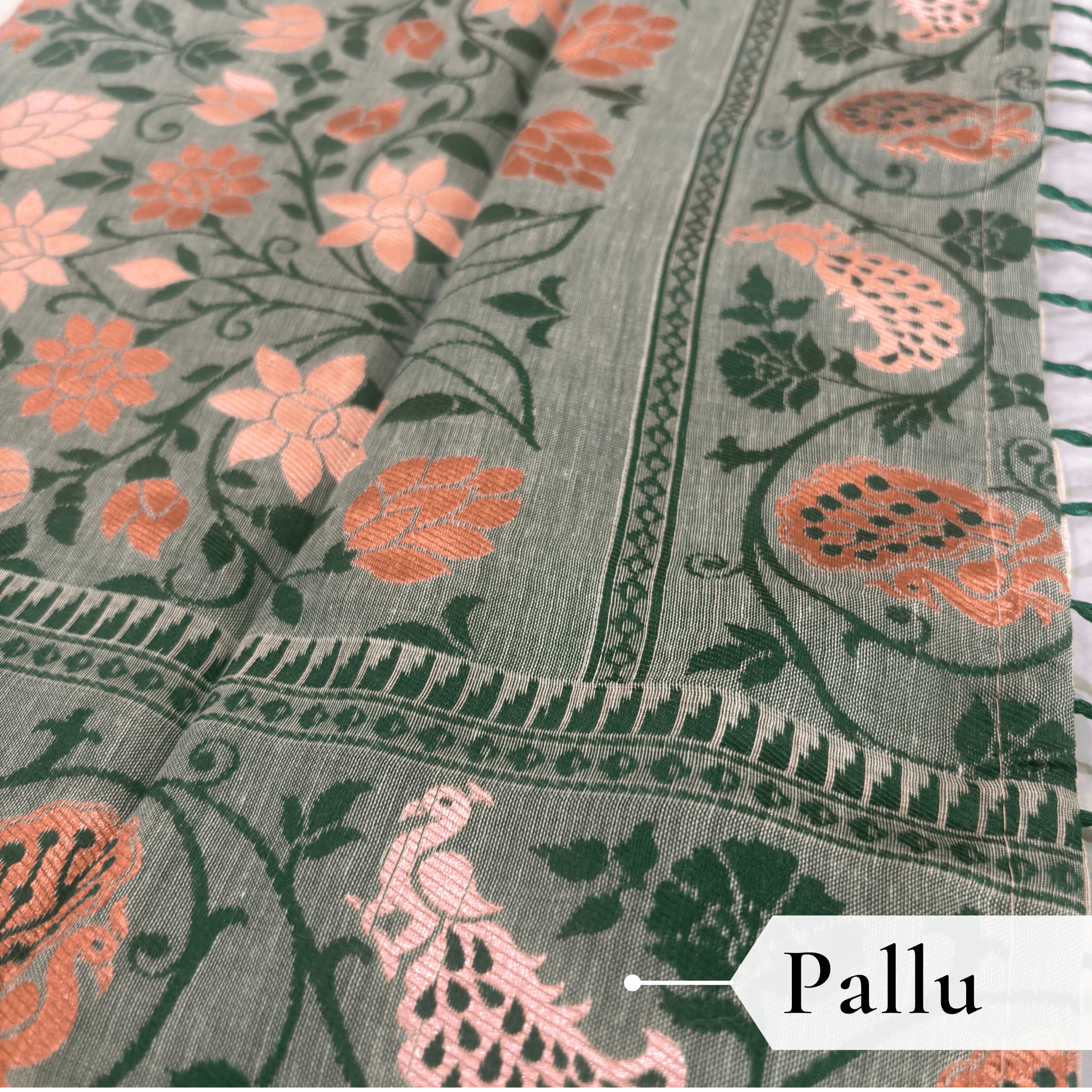 Cotton Plain Saree with Woven Border — Dark Green — Aarambh — border detail
