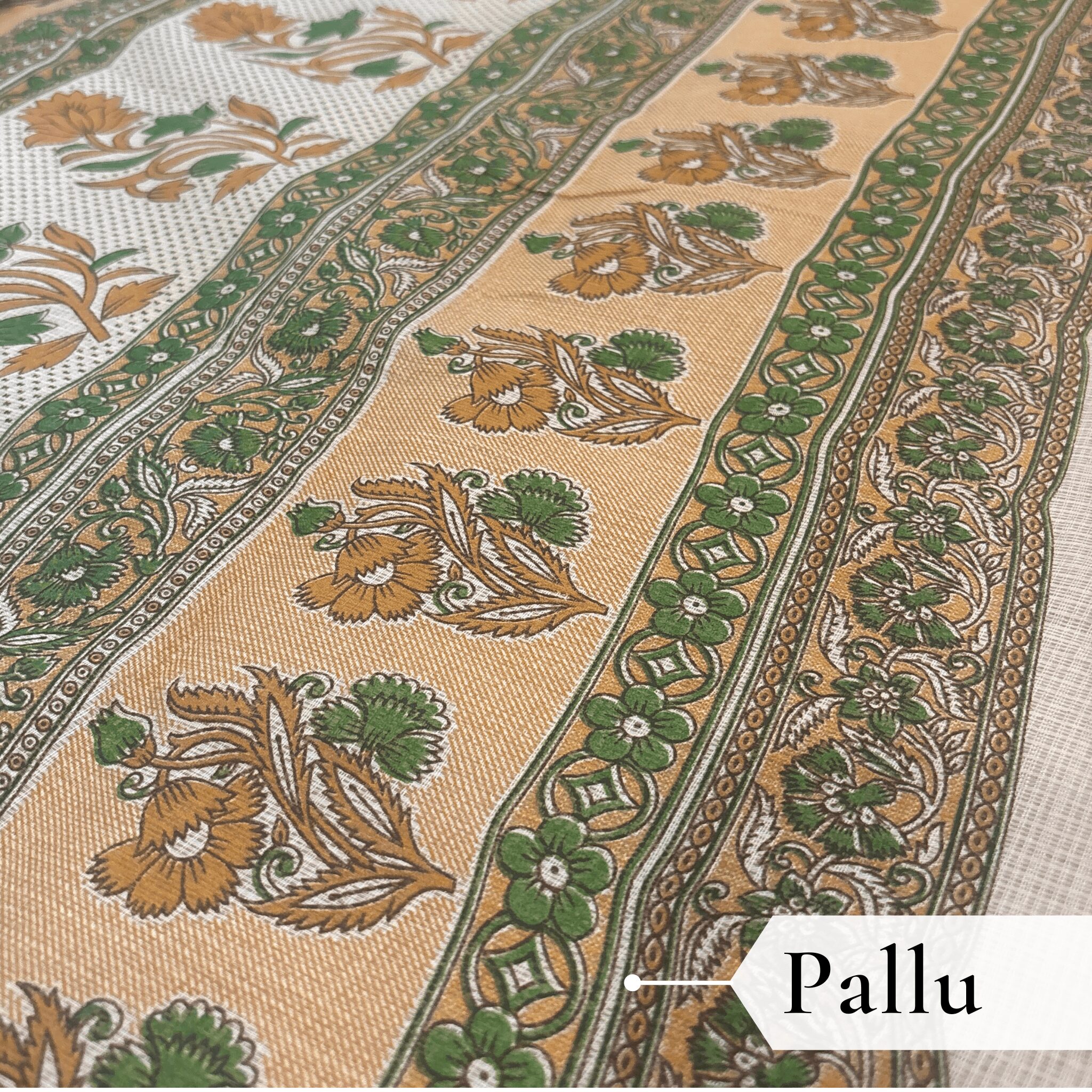 Kota Doria Floral Print Saree — Mustard Yellow — Rozana — border detail