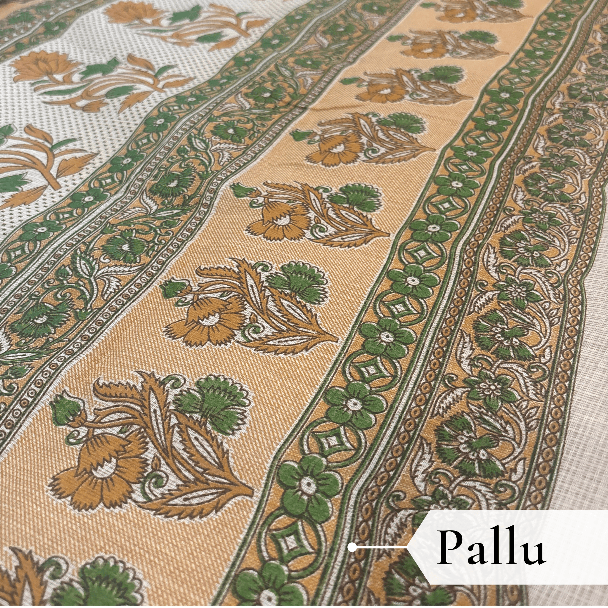 Kota Doria Floral Print Saree — Mustard Yellow — Rozana — border detail