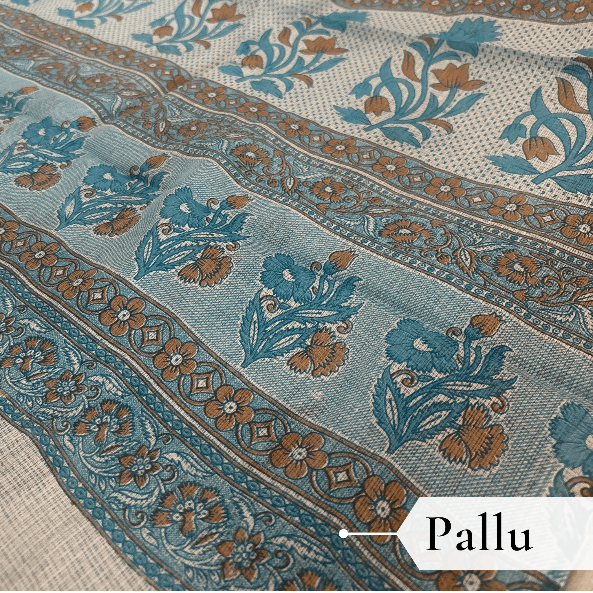 Kota Doria Floral Print Saree — Sky Blue — Rozana — border detail