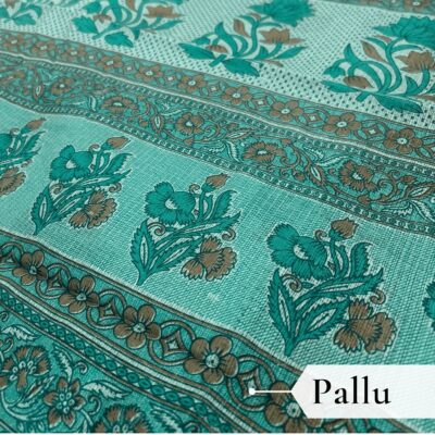 Kota Doria Floral Print Saree — Rama Green — Rozana — border detail