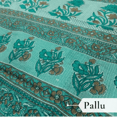 Kota Doria Floral Print Saree — Rama Green — Rozana — border detail