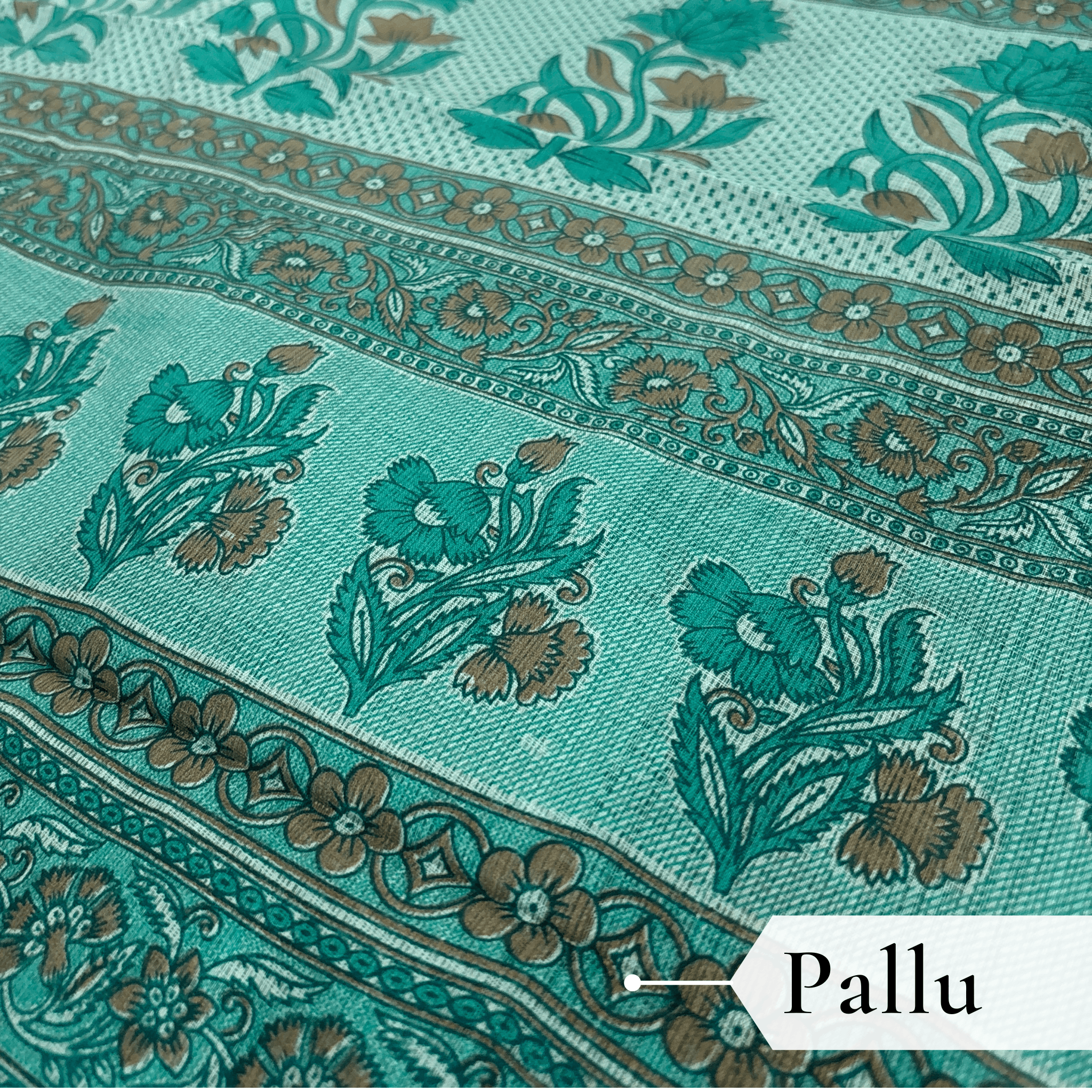 Kota Doria Floral Print Saree — Rama Green — Rozana — border detail