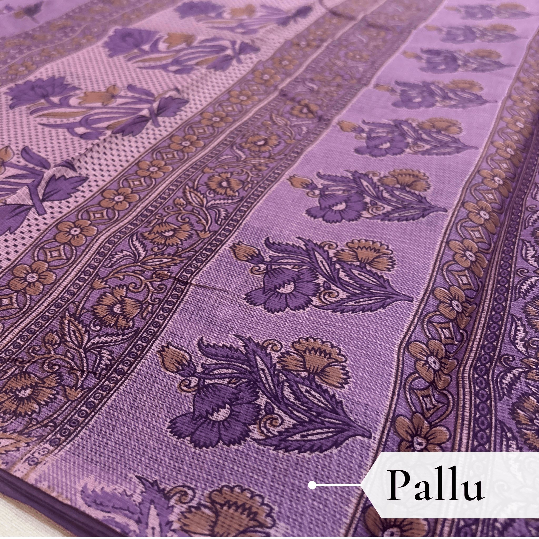 Kota Doria Floral Print Saree — Purple — Rozana — border detail