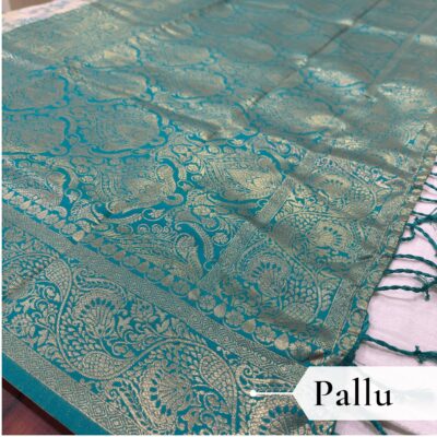 Cotton Geometric Bel Woven Saree — Peacock Blue - Image 5