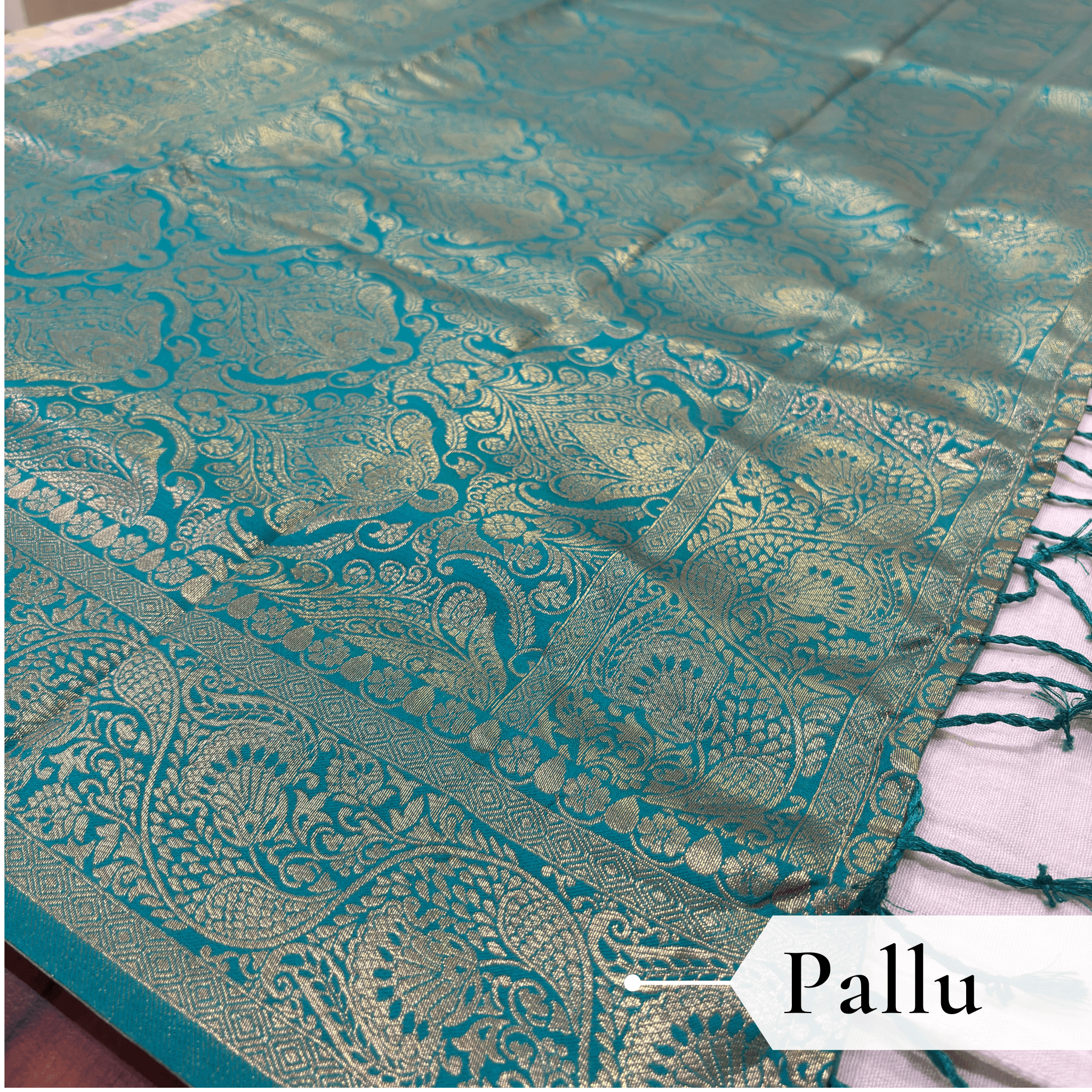 Cotton Geometric Bel Woven Saree — Peacock Blue - Image 5