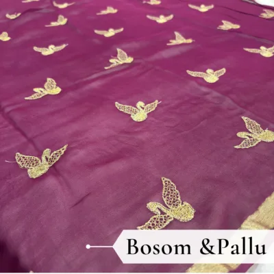 Viscose Georgette Hans Embroidered Saree — Violet - Image 4
