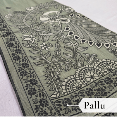 Cotton Kalamkari Woven Saree — Grey — Daftar — border detail