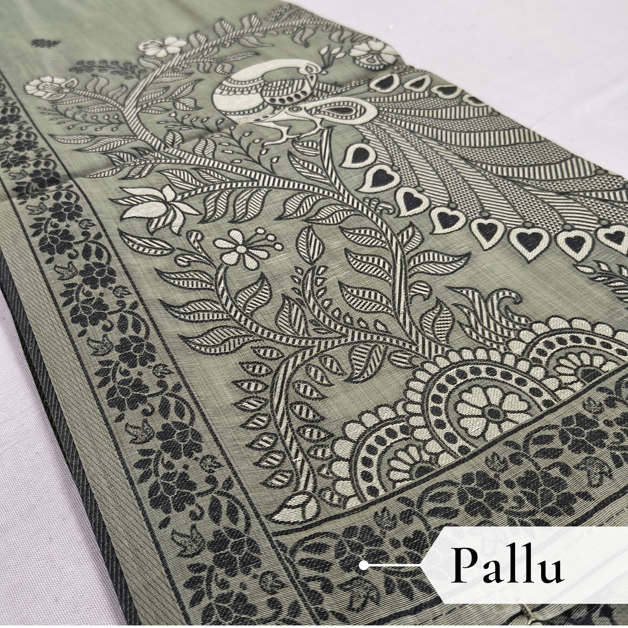 Cotton Kalamkari Woven Saree — Grey — Daftar — border detail