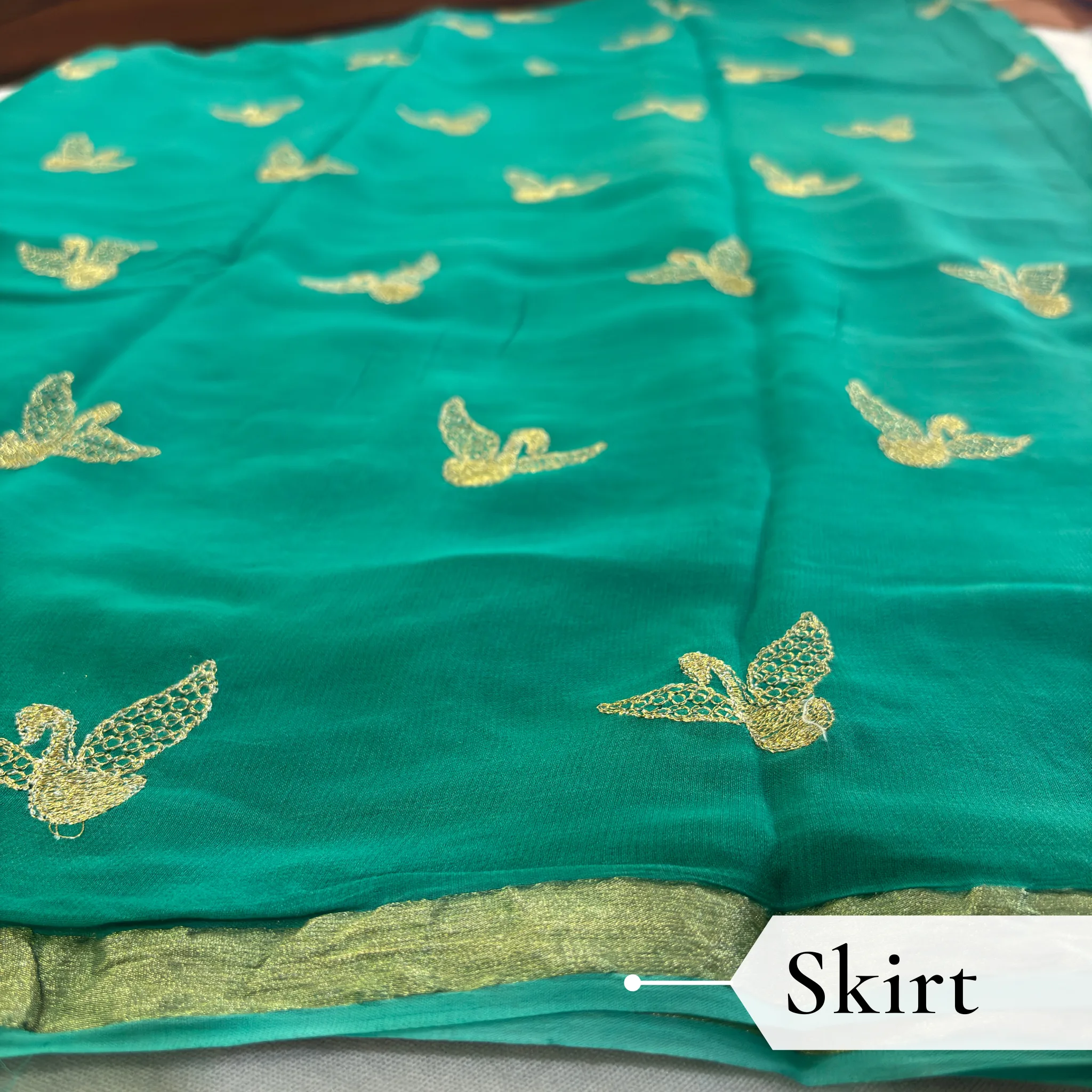 Viscose Georgette Hans Embroidered Saree — Rama Green - Image 3