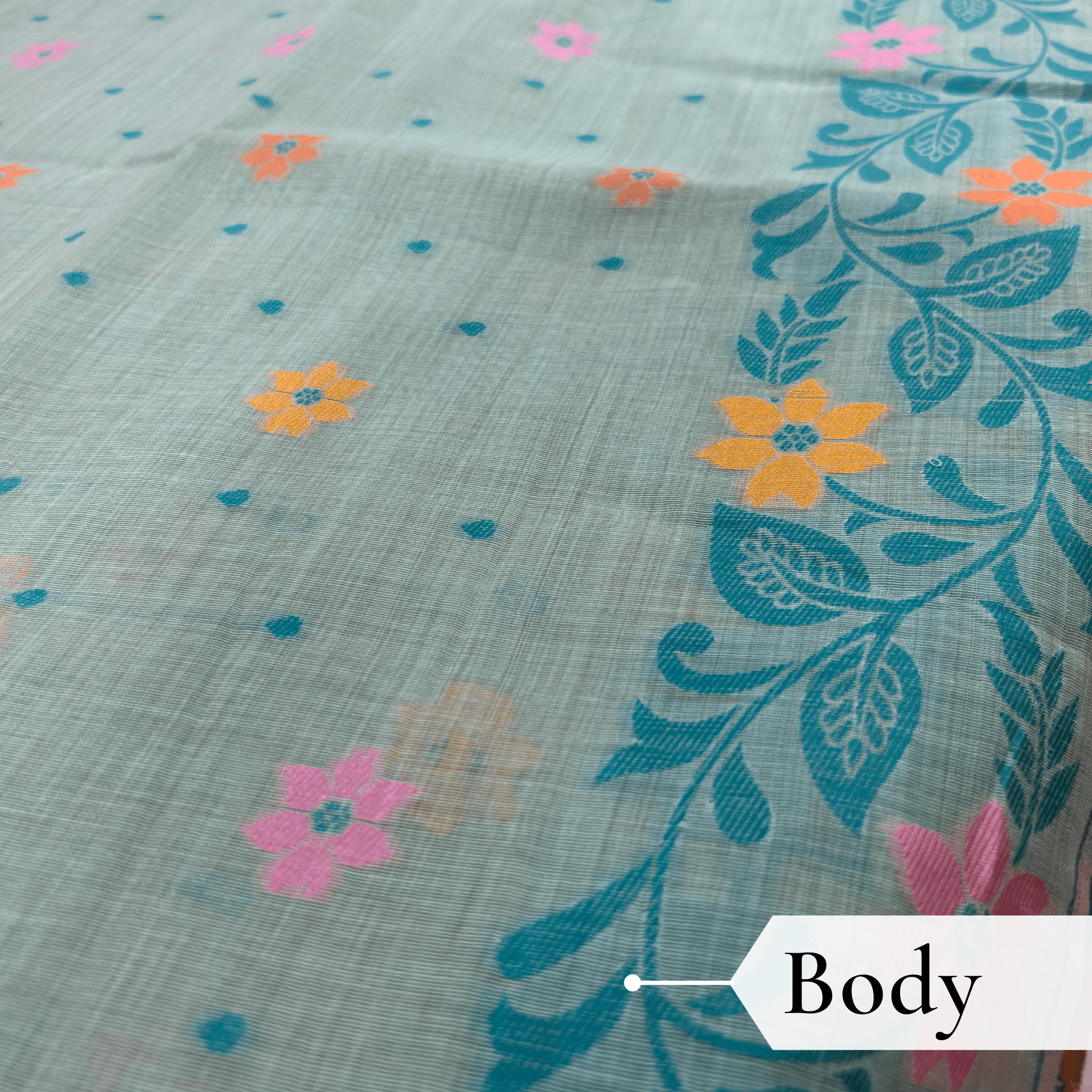 Cotton Jamdani Woven Saree — Mint Green — Tyohar — draped, walking