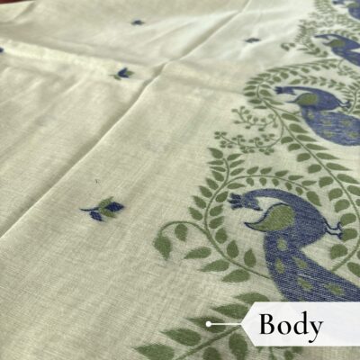 Cotton Mor Woven Saree — Lime Green — Tyohar — draped, walking