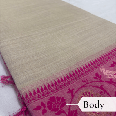 Cotton Plain Saree with Woven Border — Pink — Aarambh — draped, walking