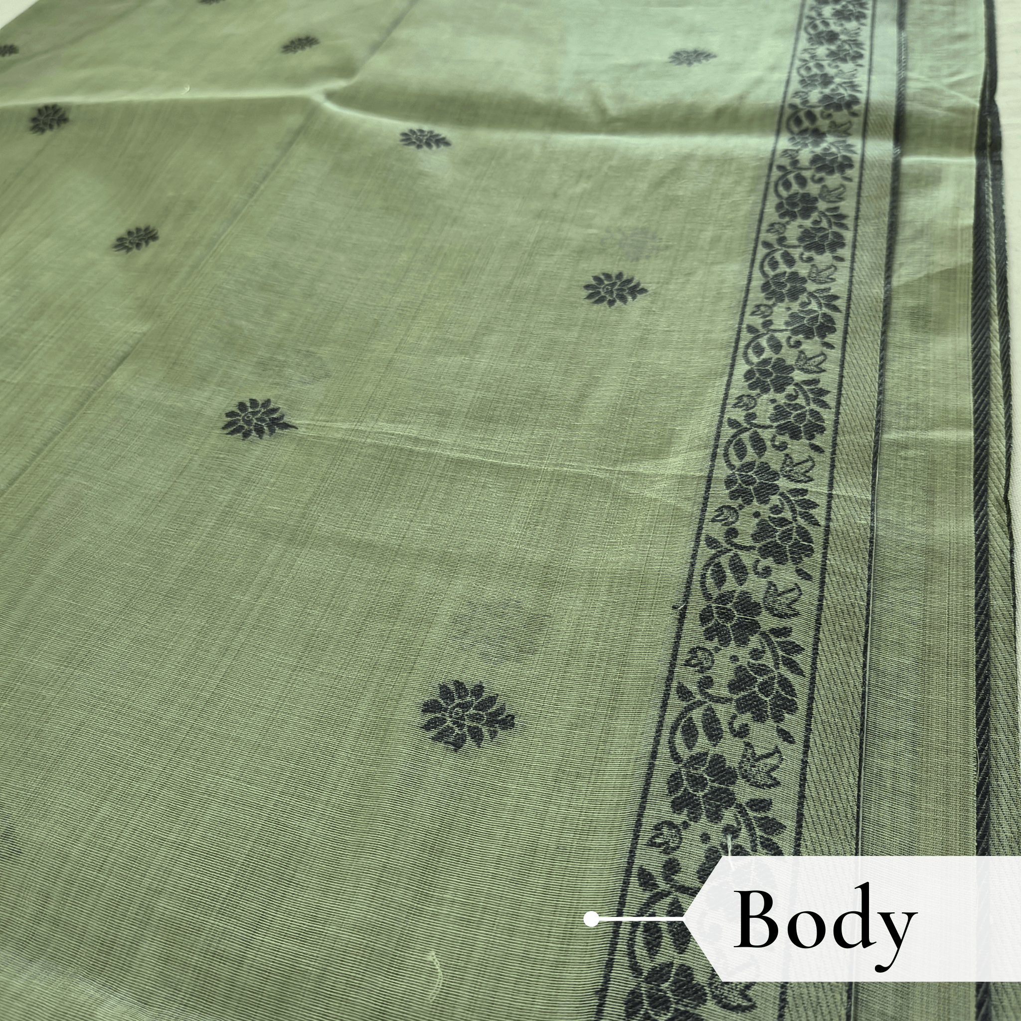 Cotton Kalamkari Woven Saree — Green — Daftar — draped, walking