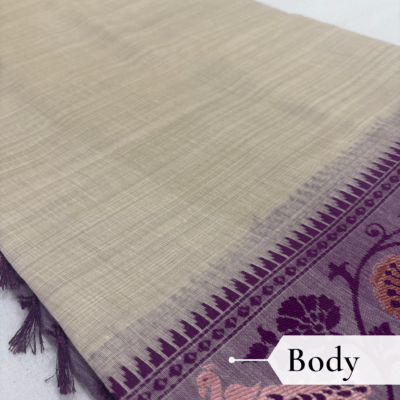 Cotton Plain Saree with Woven Border — Purple — Aarambh — draped, walking