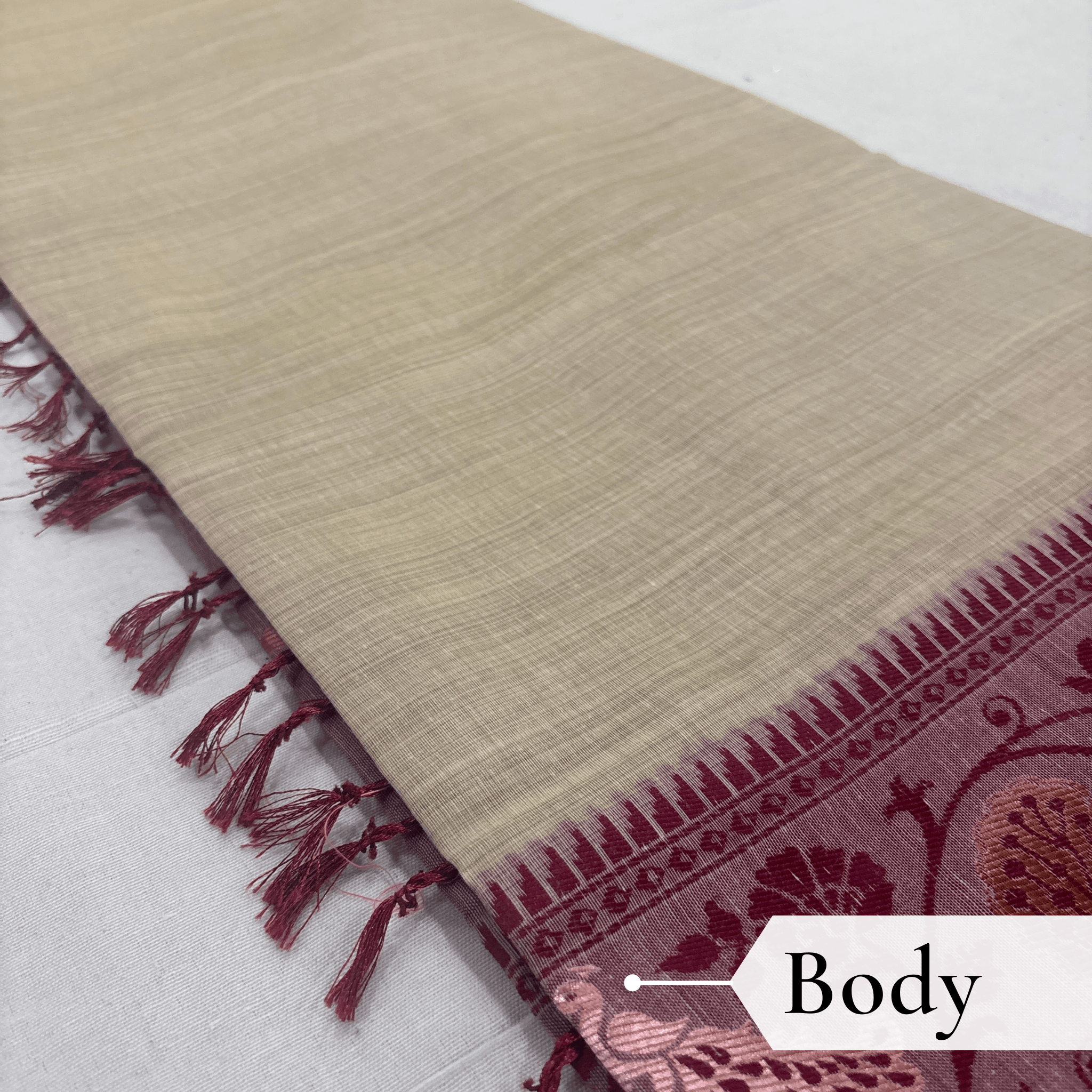 Cotton Plain Saree with Woven Border — Maroon — Aarambh — draped, walking