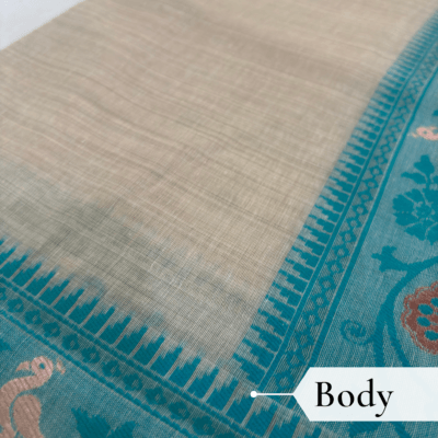 Cotton Plain Saree with Woven Border — Sky Blue — Aarambh — draped, walking