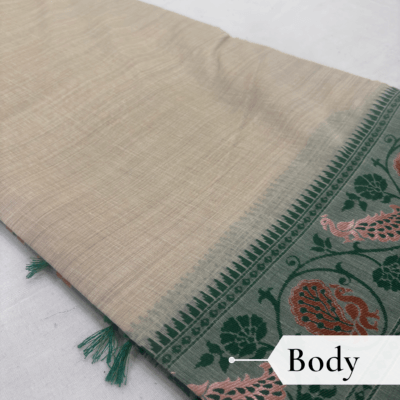 Cotton Plain Saree with Woven Border — Dark Green — Aarambh — draped, walking