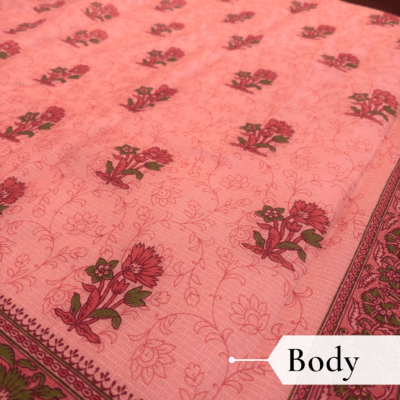 Kota Doria Floral Print Saree — Peach — Rozana — draped, walking