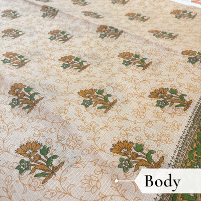 Kota Doria Floral Print Saree — Mustard Yellow — Rozana — draped, walking