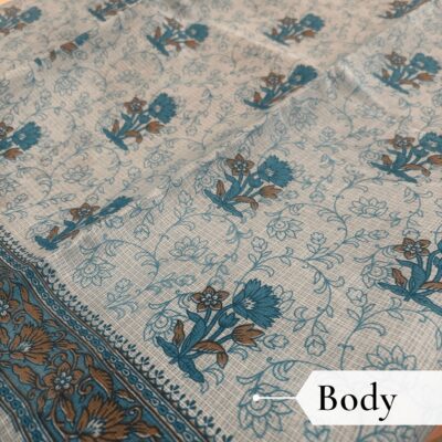 Kota Doria Floral Print Saree — Sky Blue — Rozana — draped, walking